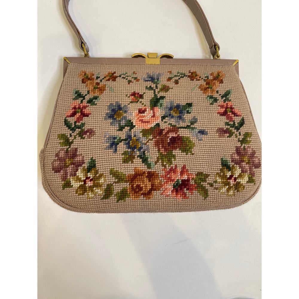 Vintage Floral Tapestry Needlepoint Purse Handbag Granny w/ Small Mirror EUC - Picture 2 of 12